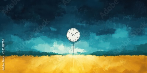 A simple clock suspended with abstract landscape painting background