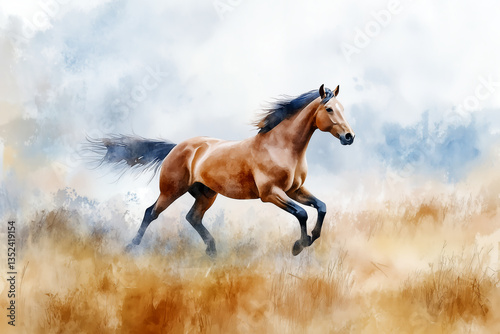 Majestic horse galloping across a misty field during a serene morning