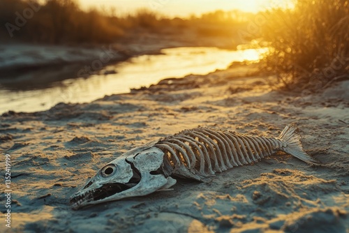 A dried-up riverbed filled with deep cracks, where a single fish skeleton lies in the dust. Warm golden lighting. Desolate wasteland background.