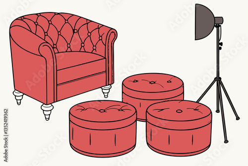 22 Red velvet ottoman, tufted upholstery, circular poufs, luxurious furniture, vibrant crimson, repetitive pattern, plush texture, elegant decor, symmetrical arrangement, studio lighting, high-resolut