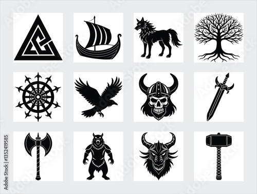Viking Symbols Set Black Silhouette Icons