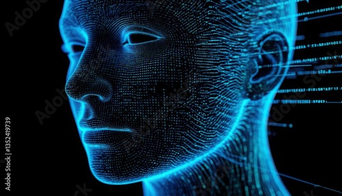  AI code forming a human face silhouette on a dark screen (futuristic). Generated AI