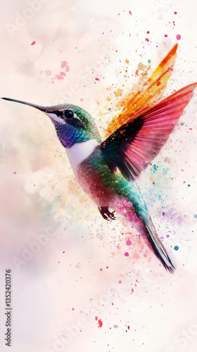 Colorful hummingbird in mid-flight against a whimsical splash of colors