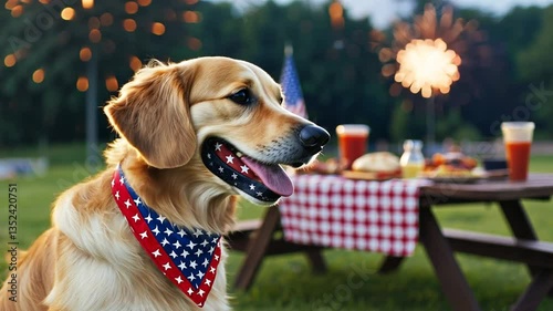 A joyful golden retriever enjoys a festive 4th of July with fireworks and a picnic.