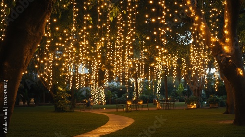 Magical Outdoor Evening Ambiance with Sparkling String Lights Decoration