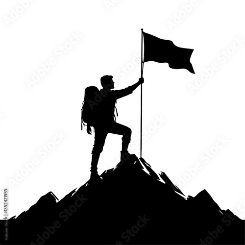Man with Flag on the Hill Silhouette Vector – Victory & Achievement Pose Illustration
