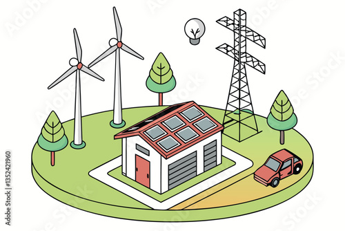 23 Isometric green energy illustration, wind turbines, solar panels, electric vehicles, circular base, clean technology, sustainable power generation, miniature trees, 3D rendering, vibrant colors, wh