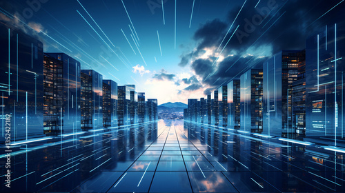University relocating its data center with advanced futuristic high-tech technology, showcasing servers and digital infrastructure in motion. photo