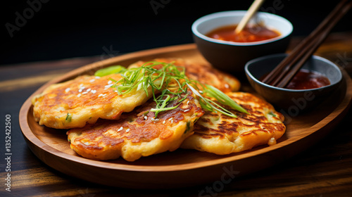 Crispy and savory Korean pancakes made with fermented kimchi, offering a deliciously tangy and flavorful bite.

 photo
