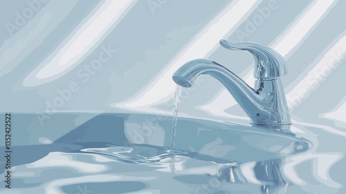 Close-up image of a modern, chrome faucet mounted on a minimalist, light-colored sink. Water is flowing from the faucet into the sink, creating gentle ripples. The background is softly lit, showing