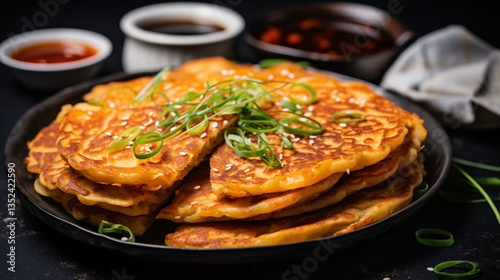 Crispy and savory Korean pancakes made with fermented kimchi, offering a deliciously tangy and flavorful bite.

 photo