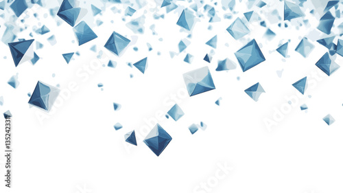 The image showcases numerous abstract geometric shapes, primarily pyramids and squares, in varying shades of blue, falling against a stark white background. The shapes appear three-dimensional and