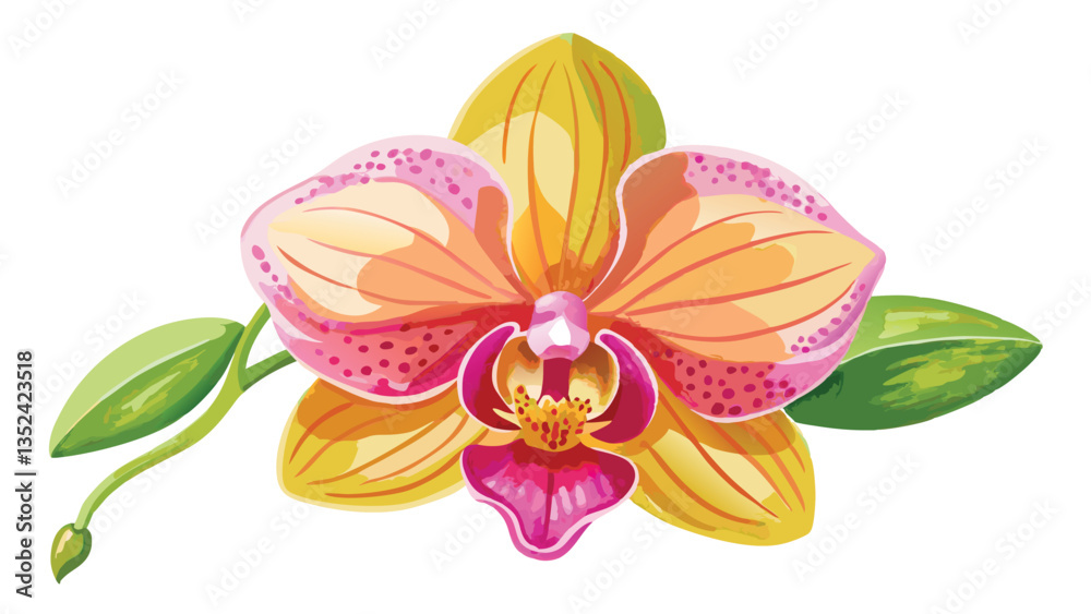 Naklejka premium Orchid flower, pink, yellow and purple, white background wallpaper, vector file