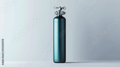 A studio shot of a tall, slender, teal-colored metal gas cylinder.  The cylinder is vertically oriented against a plain white background. The cylinder has a metallic sheen and a single valve