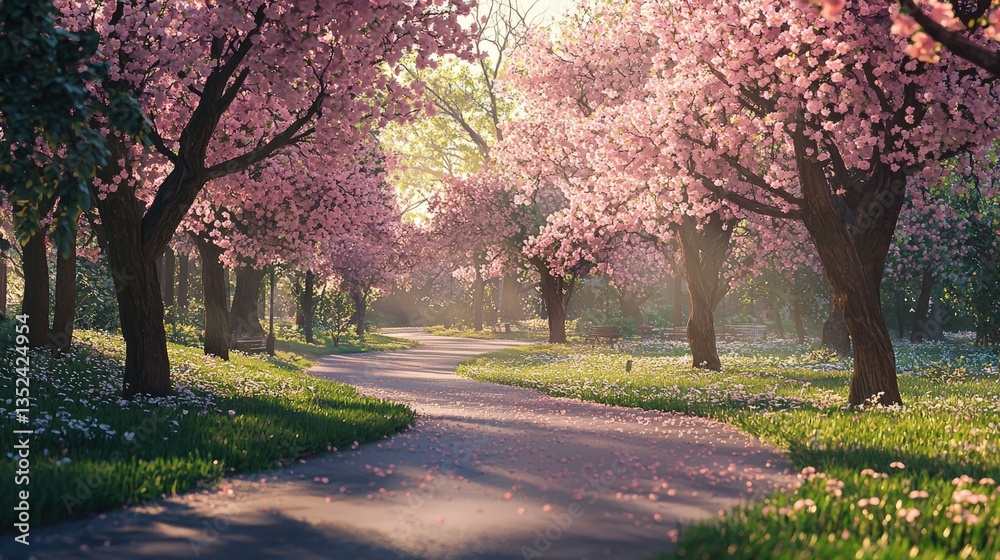 Naklejka premium a path in a park lined with cherry blossom trees