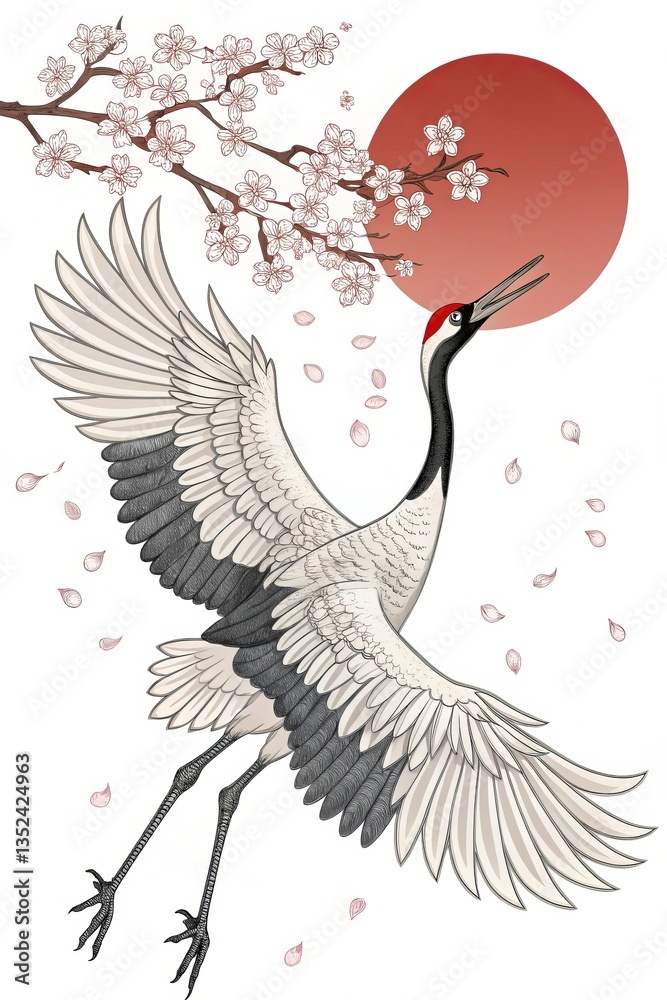 Fototapeta premium Elegantly designed illustration of a crane soaring beneath cherry blossoms with a vibrant red sun in the background showcasing harmony and grace