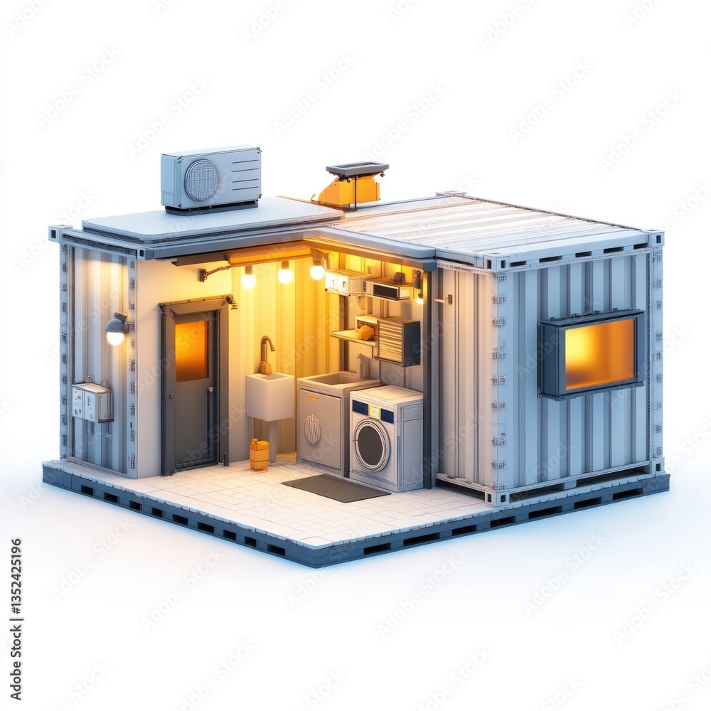 Fototapeta premium Cozy and compact 3D rendered interior of a modern minimalist container home or small apartment with efficient furniture appliances and storage solutions
