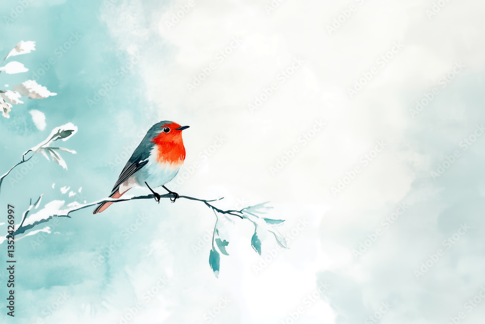 Fototapeta premium Colorful bird perched on a branch against a soft pastel background