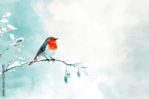 Colorful bird perched on a branch against a soft pastel background