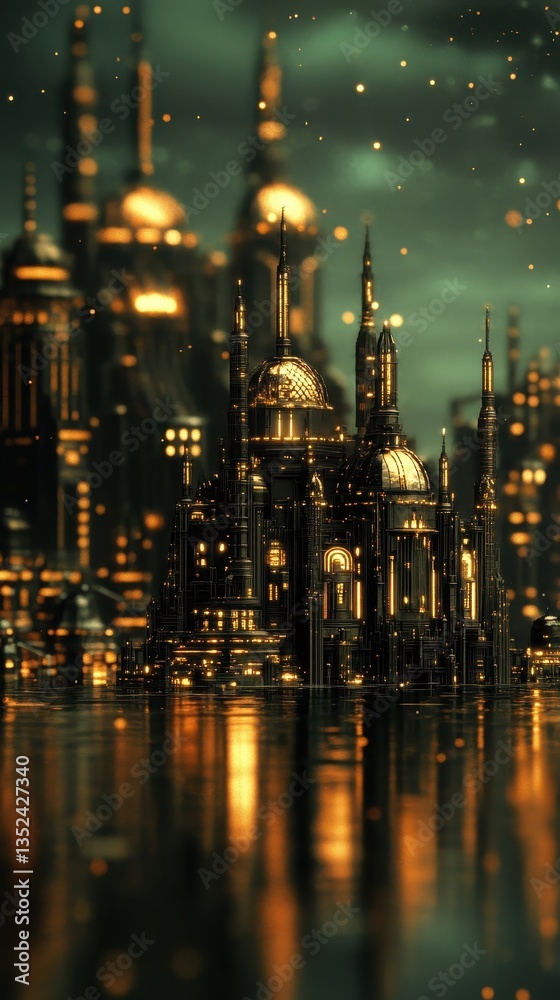 Fototapeta premium A futuristic city glows with golden light at night time