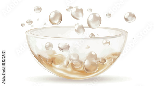 A digital illustration depicting a clear glass bowl partially filled with a golden, viscous liquid. Numerous small, spherical droplets of the same liquid are suspended in the air above and within