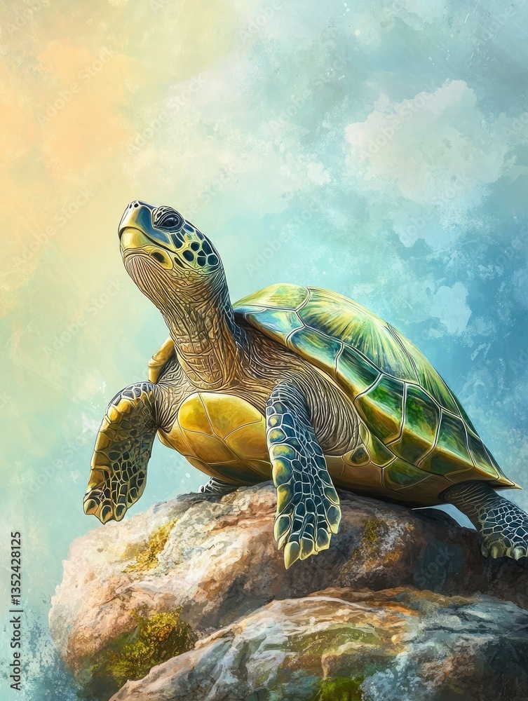 Fototapeta premium Sea Turtle on Rock Artwork Green Turtle Marine Life Illustration