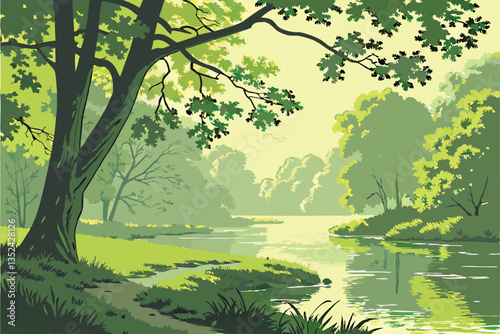 24 Serene watercolor landscape, tranquil pond, lush green foliage, reflective water surface, vibrant emerald trees, peaceful nature scene, soft brushstrokes, misty atmosphere, idyllic woodland, gentle