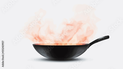 A digital illustration depicts a black wok, slightly angled to the left, sitting on a white background.  The wok is filled with an indistinct substance, from which orange and yellow flames emanate