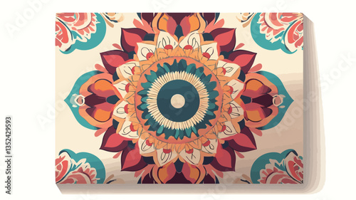 The image shows a square-shaped illustration featuring a highly detailed mandala pattern.  The mandala is composed of a central circle surrounded by concentric layers of symmetrical floral and