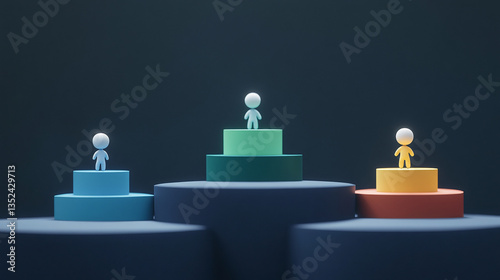 Green, blue and yellow figures of people stand on podiums. Each in its place for the prosperity of the business