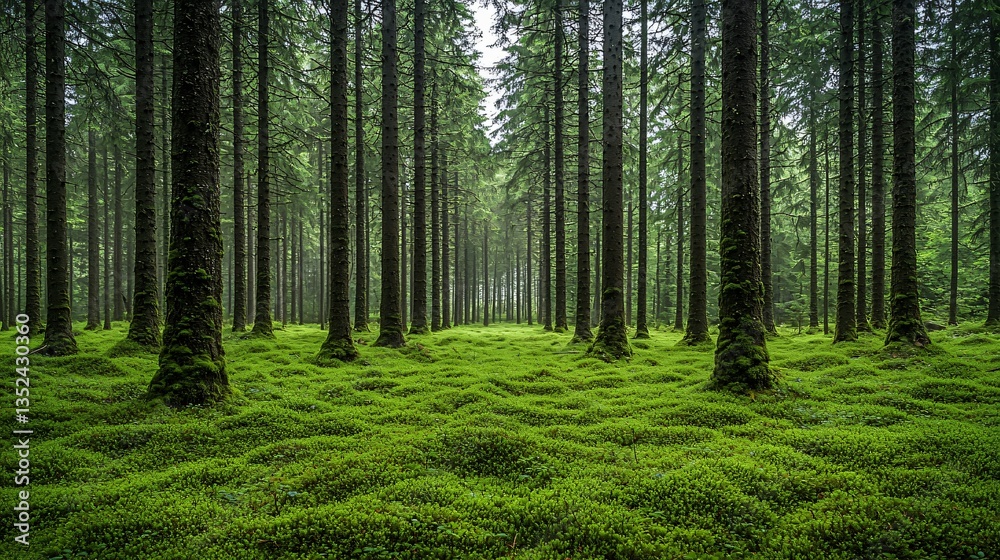 Obraz premium Misty Forest Floor, Tranquil Trees, Nature