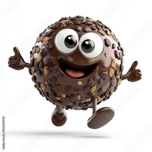 Cute playful chocolate ball character with smiling face, big eyes, and cheerful expression, designed for marketing and advertising of confectionery treats