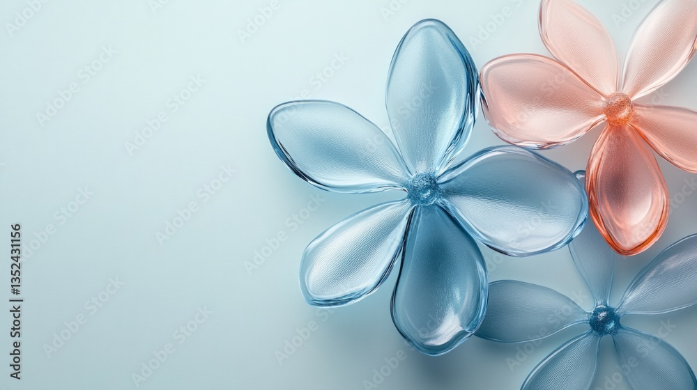 Fototapeta premium Three translucent flowers in shades of blue and pink shine brightly