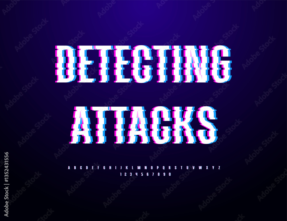 Naklejka premium Vector Digital concept Detecting Attacks. Glitched Pixels Font. Bright Techno Alphabet Letters and Numbers set