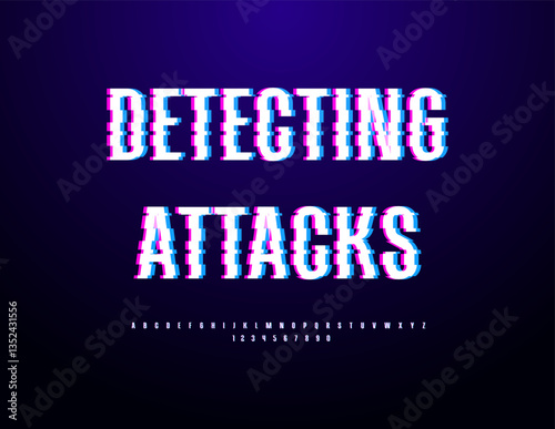 Vector Digital concept Detecting Attacks. Glitched Pixels Font. Bright Techno Alphabet Letters and Numbers set