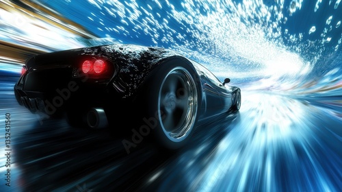 A sleek black sports car races rapidly through a bright tunnel