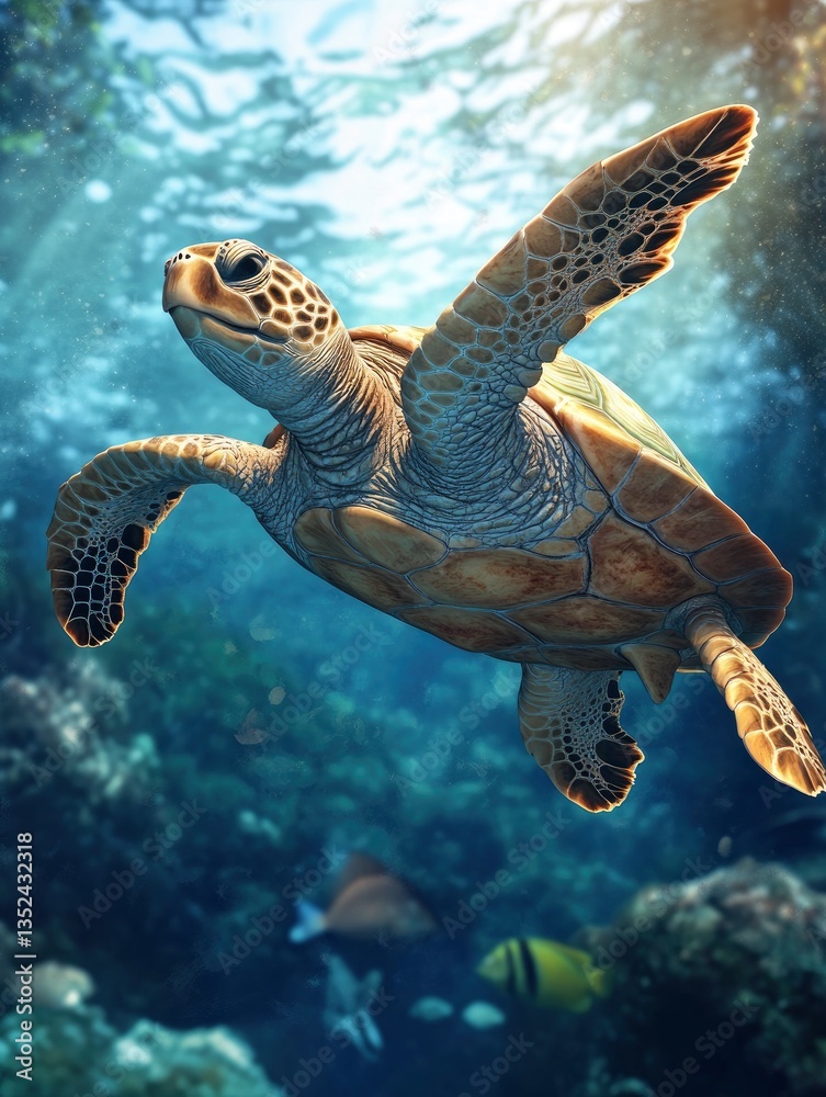 Obraz premium Sea Turtle Swimming in Ocean with Sunlight Streaming Through Water Column