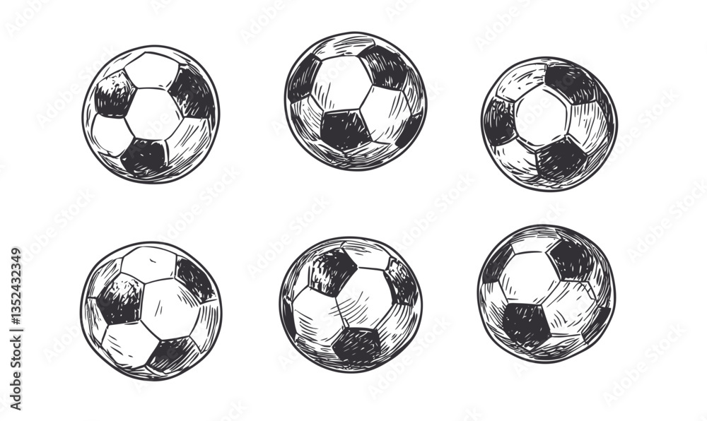 Naklejka premium Hand-Drawn Flying Soccer Balls Sketch Vector in Minimalist Style for Sports Design