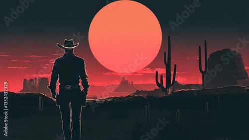 Wild West Cowboy Shootout Cartoon Illustration with Guns and Cactus Sunset