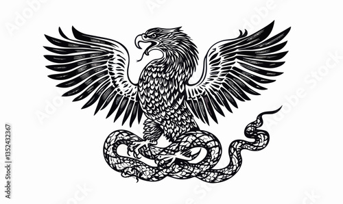 Minimalist Black and White Eagle Biting Snake Vector in Mexican Coat of Arms Style