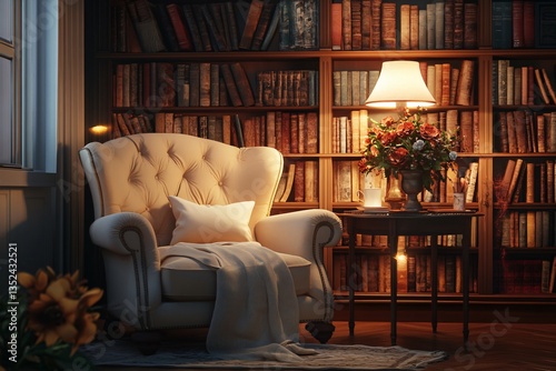 Cozy reading room with soft sofa, warm lighting, and elegant interior decor creating a comfortable and inviting home atmosphere for relaxation and study.