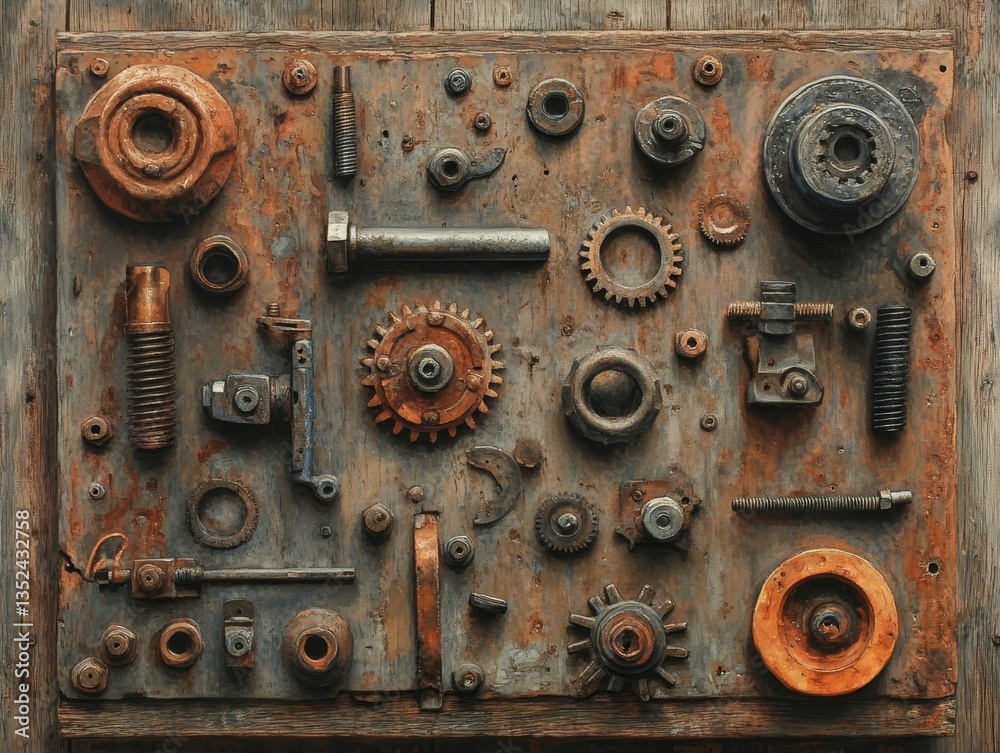 Rusty industrial parts artfully arranged on wood. Rusty industrial parts artfully arranged on wood.