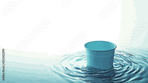 A close-up studio shot depicts a small, light blue cylindrical cup partially submerged in clear water.  The water is relatively still, but concentric ripples emanate outwards from the cup's base,