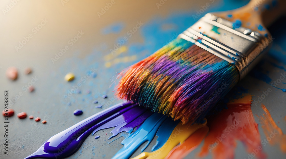Fototapeta premium A paintbrush with colorful bristles sits atop a gray surface, surrounded by vibrant splatters and streaks of paint. #art #painting