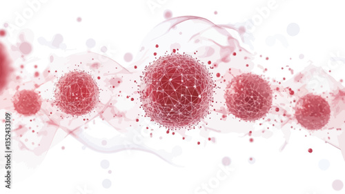 The image depicts a series of abstract, red, spherical forms resembling cells or particles. They are distributed along a horizontal line against a white background, with smaller particles scattered