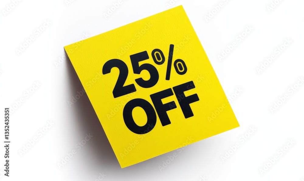 Bright Yellow Square Sticker Displaying 25 Percent Off Discount Promotion for Sales and Marketing Campaigns Using Bold Black Text on White Background