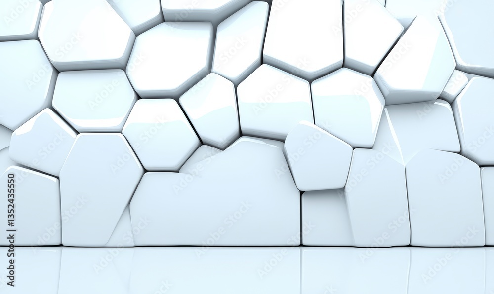 Abstract design of glossy white hexagonal wall tiles with reflections, creating a modern and elegant atmosphere in a minimalistic interior space.