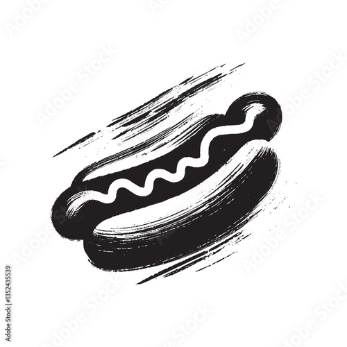 Grunge black and white brush sketch of a hot dog with artistic texture