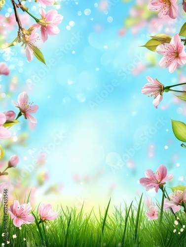 Blossom Flower Frame with Green Grass and Spring Sky Background
