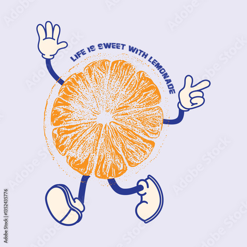Funny cartoon character of orange fruit. orange Retro cartoon style, Vitamin C Fresh and juicy orange fruit print design, women's graphic tee artwork for food fashion mood, college text fruit graphics
